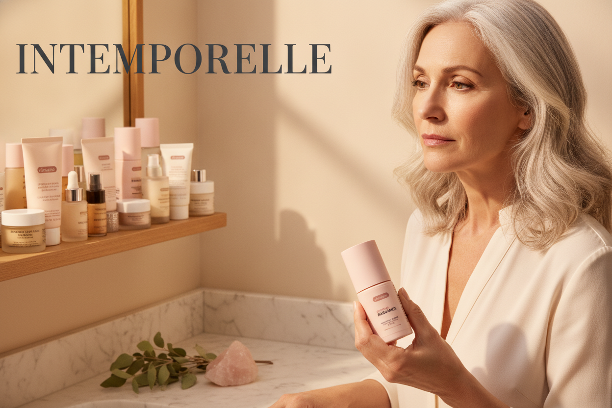 Femme de 58 ans devant une étagère encombrée de soins, tenant le sérum Eternal Radiance