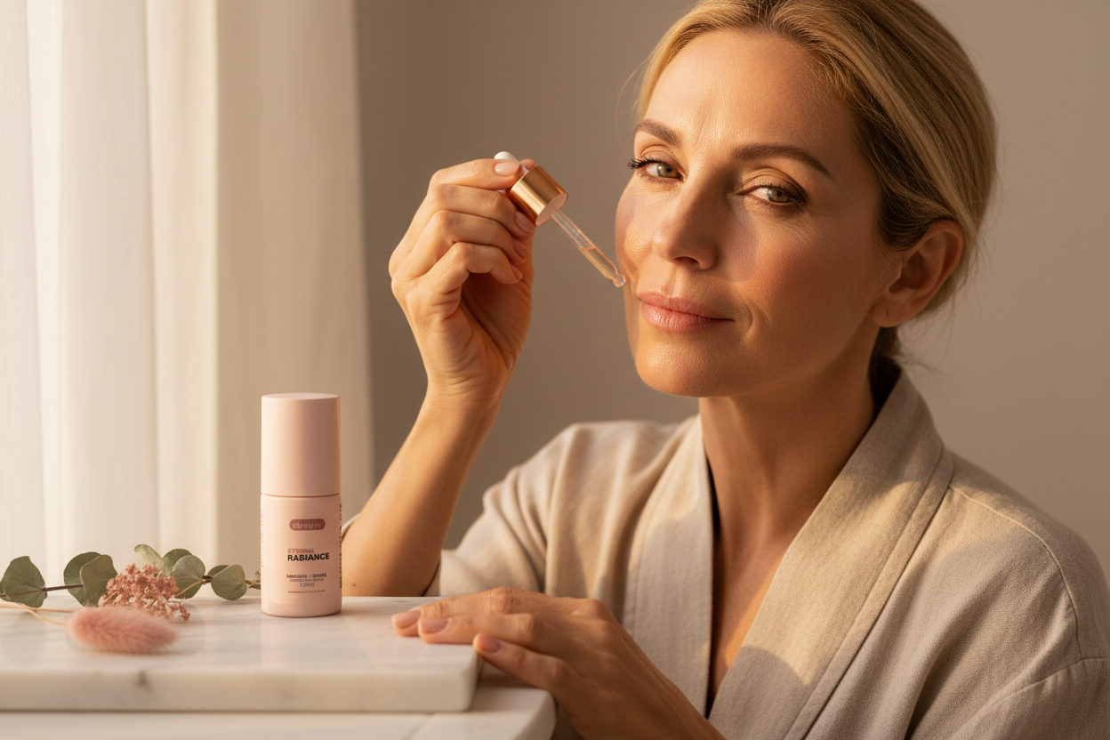 Femme élégante de 50+ ans appliquant un sérum riche en peptides Eternal Radiance pour raffermir la peau